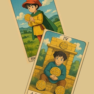 May include: Two tarot cards, one with the number XI and the other with the number IV. The card with XI shows a person in a red hat and green cloak holding a gold coin with a five-pointed star. The card with IV shows a person sitting on a stone ledge holding a gold coin with a five-pointed star. The card reads "4 of Pentacles".