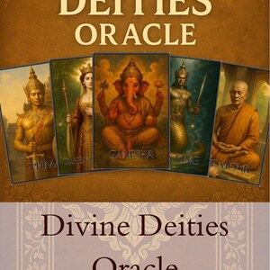 May include: A deck of "Divine Deities Oracle" cards. The cards feature illustrations of various deities, including Ganesha, a queen, and a monk. The deck contains 42 cards. The title is displayed in large, ornate lettering.