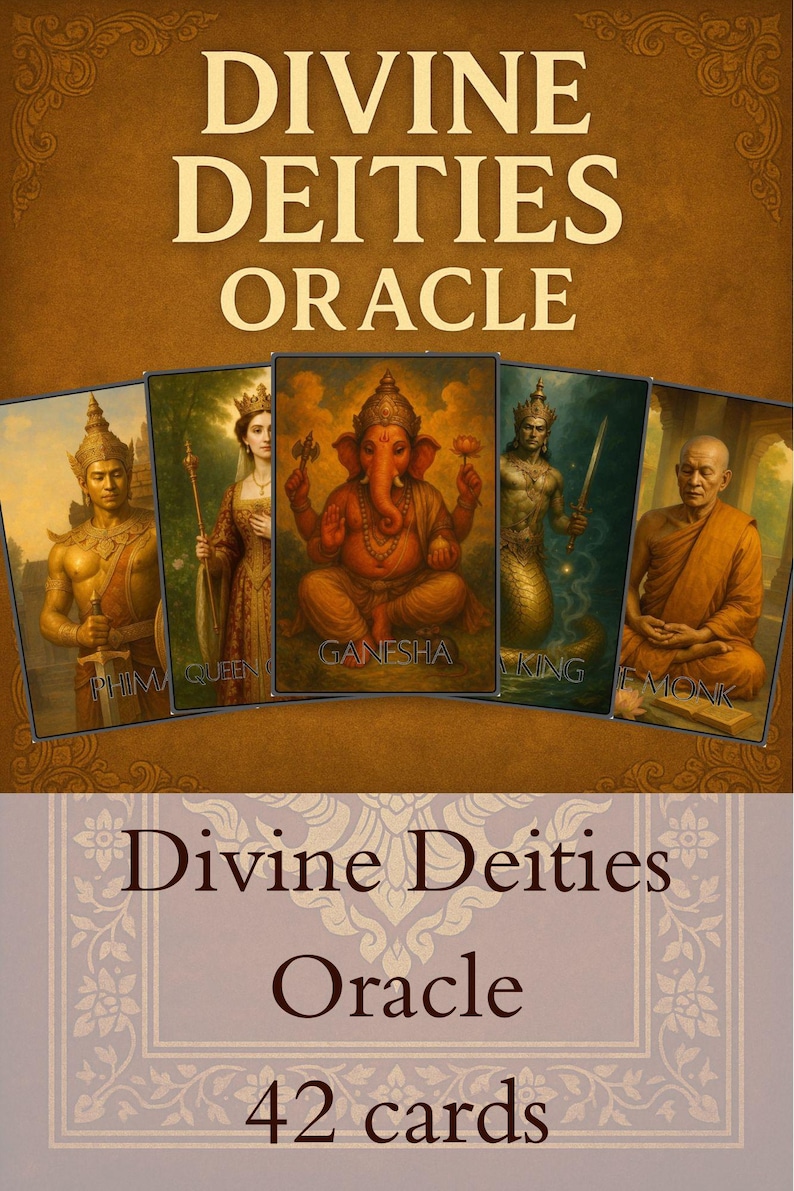 May include: A deck of "Divine Deities Oracle" cards. The cards feature illustrations of various deities, including Ganesha, a queen, and a monk. The deck contains 42 cards. The title is displayed in large, ornate lettering.