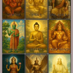 May include: Nine framed illustrations of deities, including Ganesha, Sakka, King Ashoka, Phumai, Buddha, Great Wealth, Parvati, Garuda King, and Vesna. Each image features vibrant colours and detailed depictions of the figures.