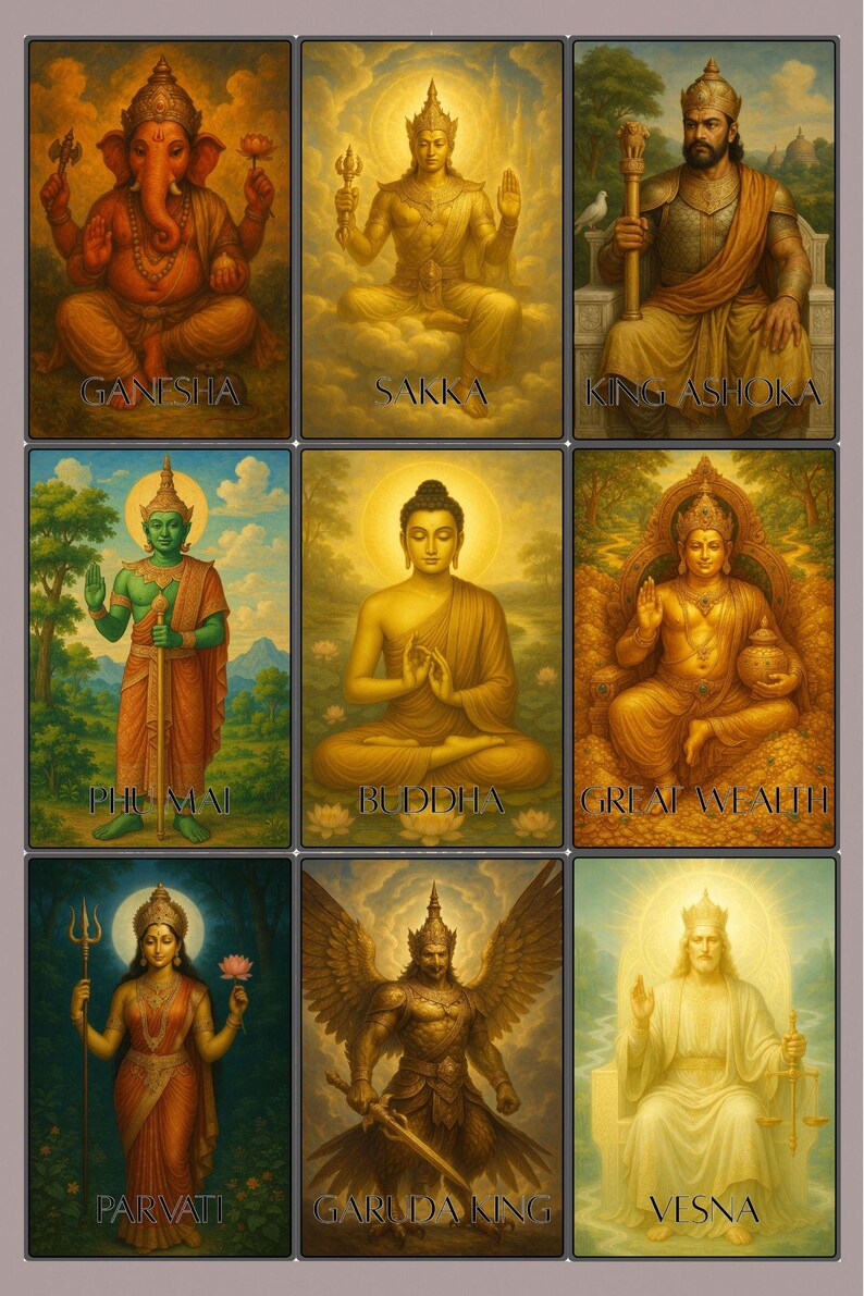 May include: Nine framed illustrations of deities, including Ganesha, Sakka, King Ashoka, Phumai, Buddha, Great Wealth, Parvati, Garuda King, and Vesna. Each image features vibrant colours and detailed depictions of the figures.