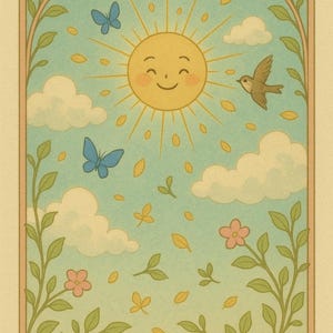 May include: A whimsical illustration of a smiling sun with a blue sky and clouds.  The sun is surrounded by yellow leaves and two blue butterflies. A small brown bird flies in the upper right corner of the image.