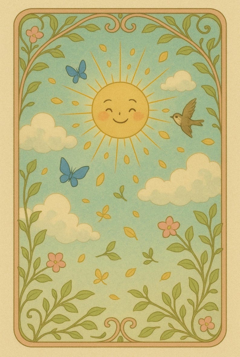May include: A whimsical illustration of a smiling sun with a blue sky and clouds.  The sun is surrounded by yellow leaves and two blue butterflies. A small brown bird flies in the upper right corner of the image.