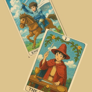 May include: Two tarot cards, one depicting a knight on horseback with a sword and the other depicting a magician with a wand and a chalice. The knight card is labeled "XII KNIGHT" and the magician card is labeled "I THE MAGICIAN".