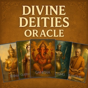 May include: An oracle card set with illustrations of various deities. The cards depict figures such as Ganesha, a queen, and a monk. The words "DIVINE DEITIES ORACLE" are printed at the top of the image, with each card featuring a different deity.