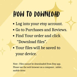 May include: A yellow background with a white text box that says "HOW TO DOWNLOAD" and a list of instructions on how to download digital files from Etsy. The instructions are: Log into your Etsy account, Go to Purchases and Reviews, Find Your order and click "Download files", Your files will be saved to your device. The text box also includes a note that says "Files cannot be downloaded from Etsy app. Please use the web browser on a computer, tablet, mobile device."