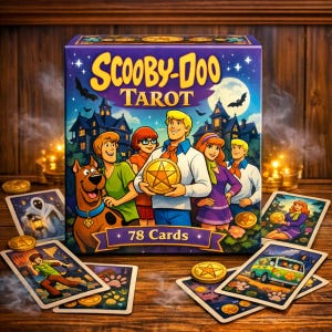 May include: A Scooby-Doo Tarot card game box set with 78 cards. The box is purple with the title "Scooby-Doo Tarot" and features the Scooby-Doo gang in front of a haunted house. Several tarot cards are displayed around the box.