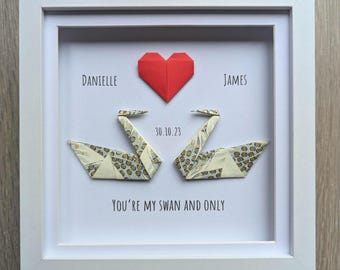 Personalized Origami Swans Framed Wall Art | Wedding Anniversary Gift