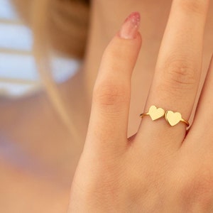 14K Gold Zwei Herz Ring - Silber Verstellbarer Doppel Herz Ring - Ring für Frauen - Geschenk für sie - Liebesring - Paar Ring - Handgemachter Schmuck