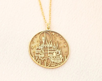 Gold Wizard School Pendant Necklace - Sterling Silver