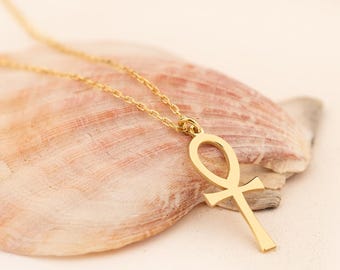 Dainty 14K Gold Plated Sterling Silver Ankh Necklace: Egyptian JewelryValentine's Day Gift