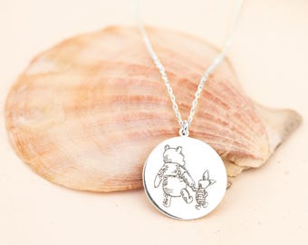 Sterling Silver Winnie the Pooh Necklace: Minimalist Charm Pendant, Boho Jewelry
