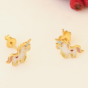 Gold Unicorn Stud Earrings: Pastel Enamel Sterling Silver Jewelry