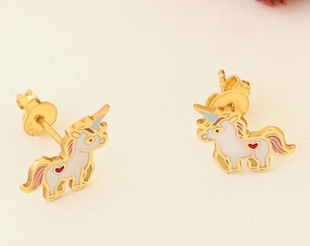 Gold Unicorn Stud Earrings - Cute Pastel Enamel Earring - Dainty Unicorn Jewelry - Colorful Gift For Kid - Earring For Women - Birthday Gift