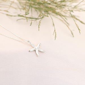 May include: A silver necklace with a delicate starfish pendant. The necklace is on a pink background with green foliage.