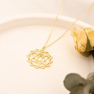 14K Gold Dainty Chakra Necklace - Namaste Yoga Symbol Neackle - Energy Wheel Pendant - Chakra Charm Spiritual Jewelry, Birthday Gift For Her