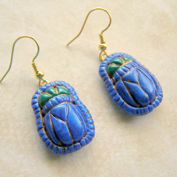 Brilliant Blue Egyptian Scarab Beetle Sculpted Polymer Clay Earrings