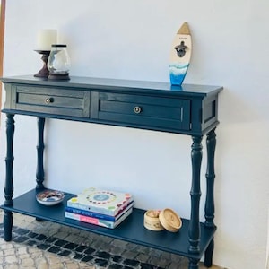 Consola verde vintage | Mesa de recibidor con 2 cajones y estante | Aparador de madera estilo rústico | Mesa auxiliar estrecha de 101 cm
