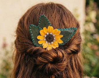 Haaraccessoire met zonnebloem en Swarovski-kristallen chignonspeld