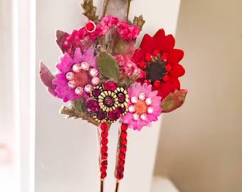 Épingle à chignon floral rouge et rose, vraies fleurs, cristaux Swarovski