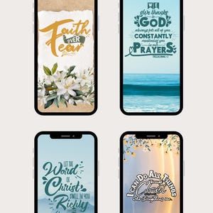 Puede incluir: Un paquete de fondos de pantalla digitales con cuatro pantallas de teléfono con versículos bíblicos inspiradores. Las pantallas muestran textos como "Fe sobre el miedo" y "Puedo hacer todas las cosas". Las palabras están sobre fondos florales y escénicos.
