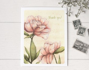 Set of 10 Floral Note Card, Stacey Yacula Greeting Card, Flower Birthday Card, Friendship Card, Peonies Thank you card- "Peonies"-C2307