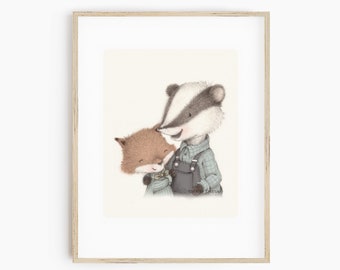 Farm Wall Decor, Badger Nursery Art Print, Woodland Kids Room Art, Fox Nursery Art, Badger Kids Room Art, Boys Room- "Colin & Finn"- AP2205