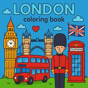 Peut inclure: Illustration colorée pour un livre de coloriage sur Londres. L'image présente des monuments emblématiques de Londres tels que Big Ben, le Tower Bridge, un bus à impériale rouge, un Beefeater, une cabine téléphonique rouge et le drapeau Union Jack.