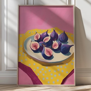 Kleurrijke vijgenstillevenkunst Levendig fruitschilderij Vetgedrukte keukenmuurdecoratie Unieke moderne voedselkunst Dopaminedecor Levendige keukenafdruk