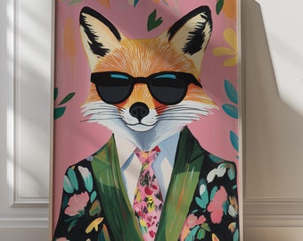 Dapper Fox Printable Funky Retro Decor Whimsical Animal Kitsch Art Fun Wall Art Colorful Maximalist Quirky Home Decor Cool Art Funny Animal