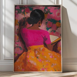 Vibrant Black Woman Reading Print Floral Inspired Decor Bold Colorful Artwork Dopamine Decor Colorful Maximalist Digital Art Book Lover Gift