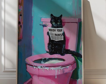 Könnte beinhalten: Eine schwarze Katze sitzt auf einer pinkfarbenen Toilette und hält eine Zeitung mit der Aufschrift "Wasche deine Pfoten" in einem Badezimmer.