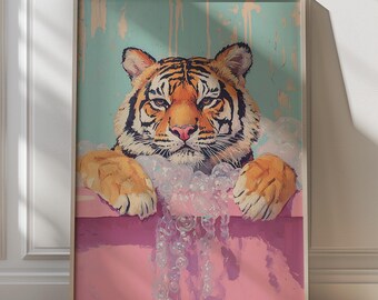 May include: A tiger with orange and black stripes is taking a bath in a pink tub. The tiger is looking directly at the viewer. The tub is filled with white bubbles. The background is a light blue color.