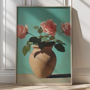 Vintage Rose Wall Art Rustic Floral Print Pink Roses in Vase Botanical Artwork Cottagecore Aesthetic Antique Flowers Elegant Flower Decor