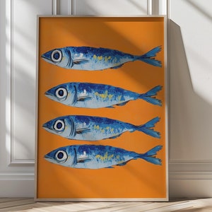 Bold Sardine Art Print Colourful Coastal Decor Whimsical Fish Illustration Colorful Maximalist Colorful Kitchen Decor Orange Kitchen Poster
