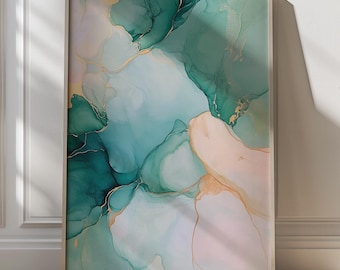 Dérive émeraude, art fluide vert abstrait, décoration minimaliste moderne, accents dorés, impression à l'encre à l'alcool, oeuvre d'art inspirée de la nature apaisante, déco verte