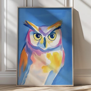 Colorful Owl Art Print Vibrant Blue Owl Illustration for Kids Room Decor Unique Animal Wall Art Whimsical Owl Nursery Decor Kids Playroom