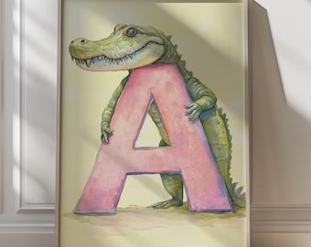 Personalized Letter Nursery Decor Alligator Art Print  Baby Nursery Lettering  Kids Room Wall Art Alphabet Nursery Art Pastel Kids Playroom