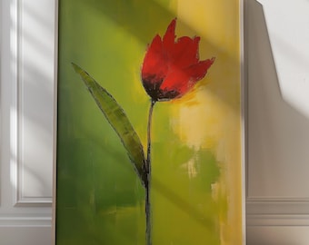 Dipinto astratto di tulipani, decorazione floreale moderna, stampa di fiori rossi audaci, arte massimalista colorata per la casa, decorazione di dopamina, regalo per il soggiorno di lei