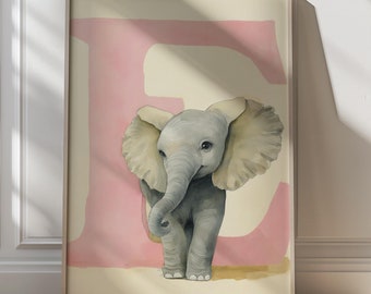 Elephant Alphabet Nursery Art Print Letter E Baby Room Decor Animal Nursery Wall Art Kids Personalized Lettering Pastel Nursery Letter Sign