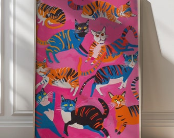 May include: A pink background with a pattern of colorful cats. The cats are all different colors and have stripes. The cats are all looking in different directions.