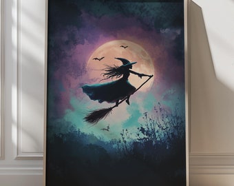 Hexe fliegt über Vollmond Kunstdruck Halloween Kunst Spooky Wanddekor Magische Hexe Kunstwerk Gothic Hexe Illustration Witchy Frau Poster