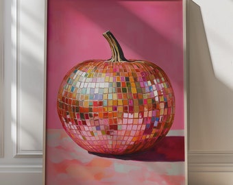 Disco Ball Pumpkin Preppy Halloween Print Decorazione murale colorata Arte funky Decorazione per feste di zucca Arte murale autunnale Decorazione di Halloween Stampabili alla moda