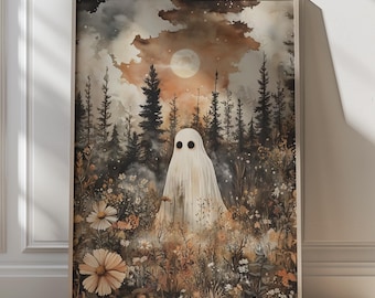 May include: A framed watercolor print featuring a ghost in a forest setting. The artwork has a neutral color palette with a full moon in the background. The text "VIVIDWALLDECOR" is in the upper left corner. The ghost is in a white sheet.
