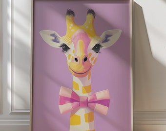 Giraffa gialla con stampa fiocco rosa, arte murale con animali stravaganti, decorazione carina per la cameretta dei bambini, arte divertente con animali della giungla, decorazione giocosa per la cameretta dei bambini, cameretta dei bambini in colori pastello