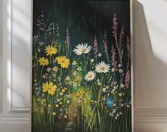 Wildflower Meadow Art Print Dark Floral Painting Botanical Nature Wall Decor Rustic Cottagecore Aesthetic Moody Florals Dark Cottagecore