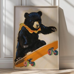 Ein Bär auf dem Skateboard Druck Skateboarding Bär Kinderzimmer Wand Kunst wunderliche Tier Druck für Kinderzimmer spielerische Kinder Dekor druckbare Kunst