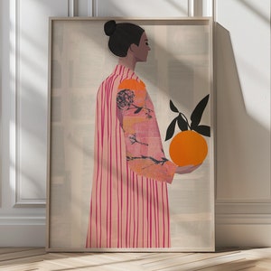 オレンジ色のミニマリスト女性 モダンな比喩的アートプリント ボヘミアン ウォールアート 自然にインスパイアされたホームデコレーション キッチンウォールデコレーション トレンディなバーカートアート