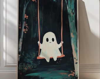 Geist auf einer Schaukel Print süsser wunderlicher Geist-Halloween-Dekor Spooky aber süß Wand Kunst Sofort Download Verspielte Geist Kunstwerk druckbare