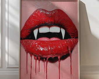 Vampire Lips Art Print Red Lips Wall Art Gothic Wall Art Halloween Decor Dark Art Painting Sexy Vampire Art Digital Download Red Halloween
